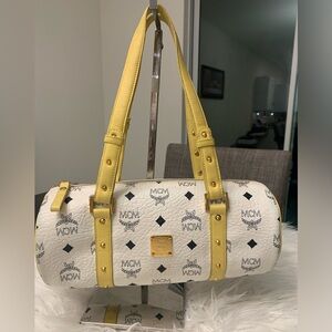 MCM White Leather Barrel Shoulder Bag with Yellow Trim